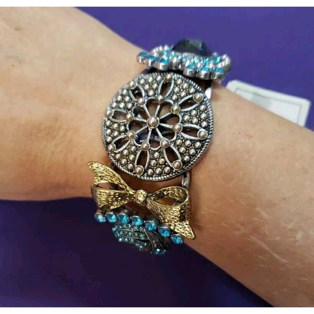 Chunky Ornate Clamper Bangle Bracelet Silver Tone Blue Rhinestones Gold Tone Bow